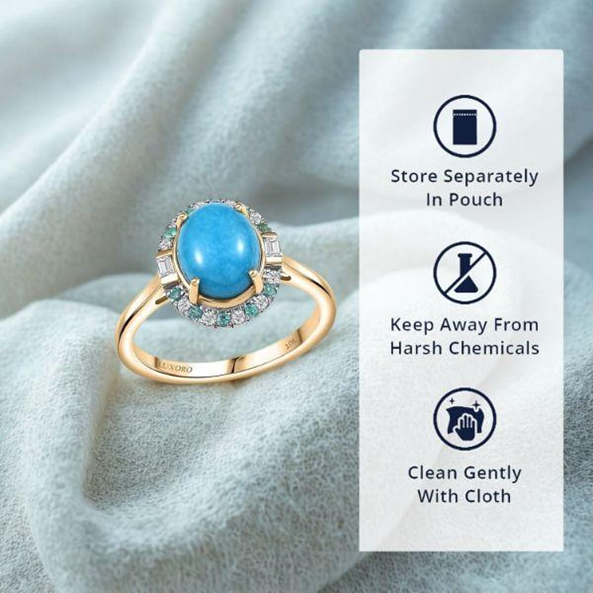 Certified & Appraised Luxoro AAA Sleeping Beauty Turquoise, AAAA Paraiba Tourmaline and Diamond E-F I2 2.81 ctw Ring in 10K Yellow Gold (Size 10.0) image number 4