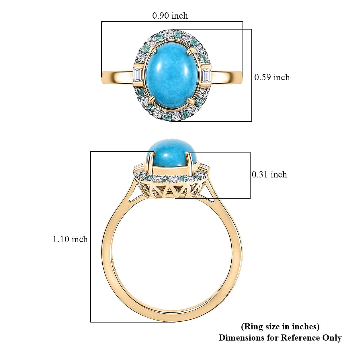 Certified & Appraised Luxoro 10K Yellow Gold AAA Sleeping Beauty Turquoise, AAAA Paraiba Tourmaline and Diamond (E-F, I2) (0.13 cts) Ring (Size 5.5) 2.81 ctw image number 3