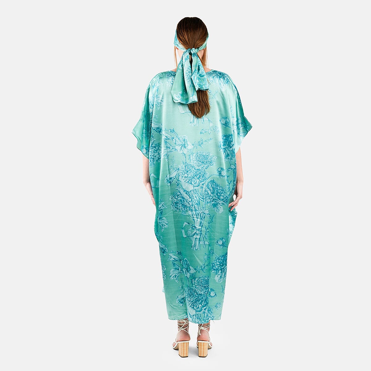 Winlar Mint Floral Long Satin Kaftan - One Size Fits Most image number 1