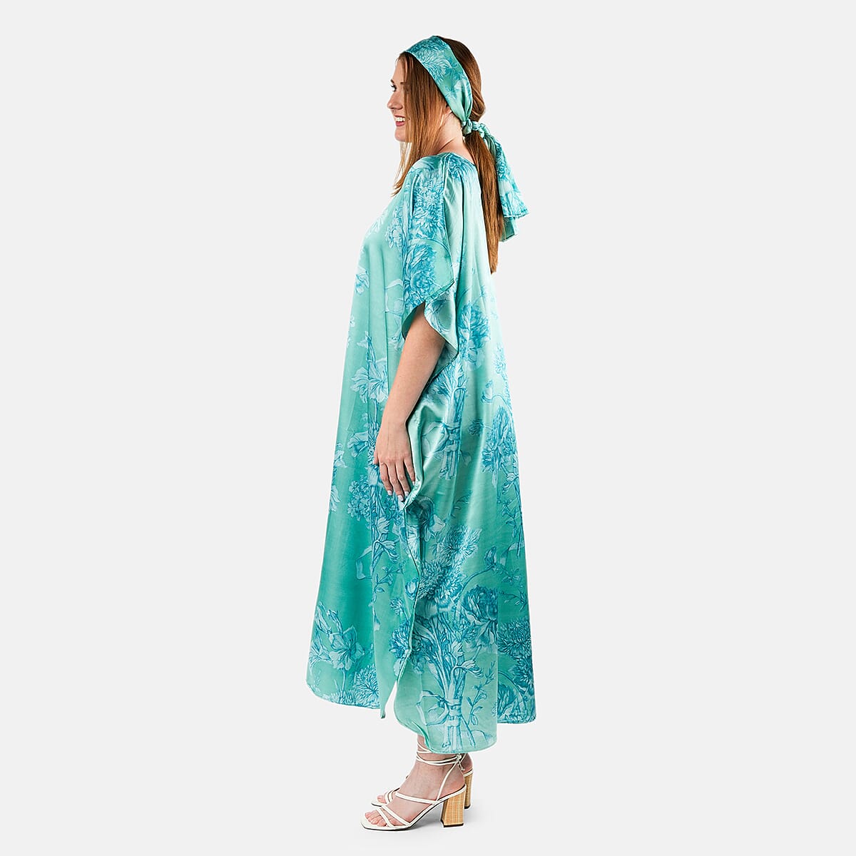 Winlar Mint Floral Long Satin Kaftan - One Size Fits Most image number 2