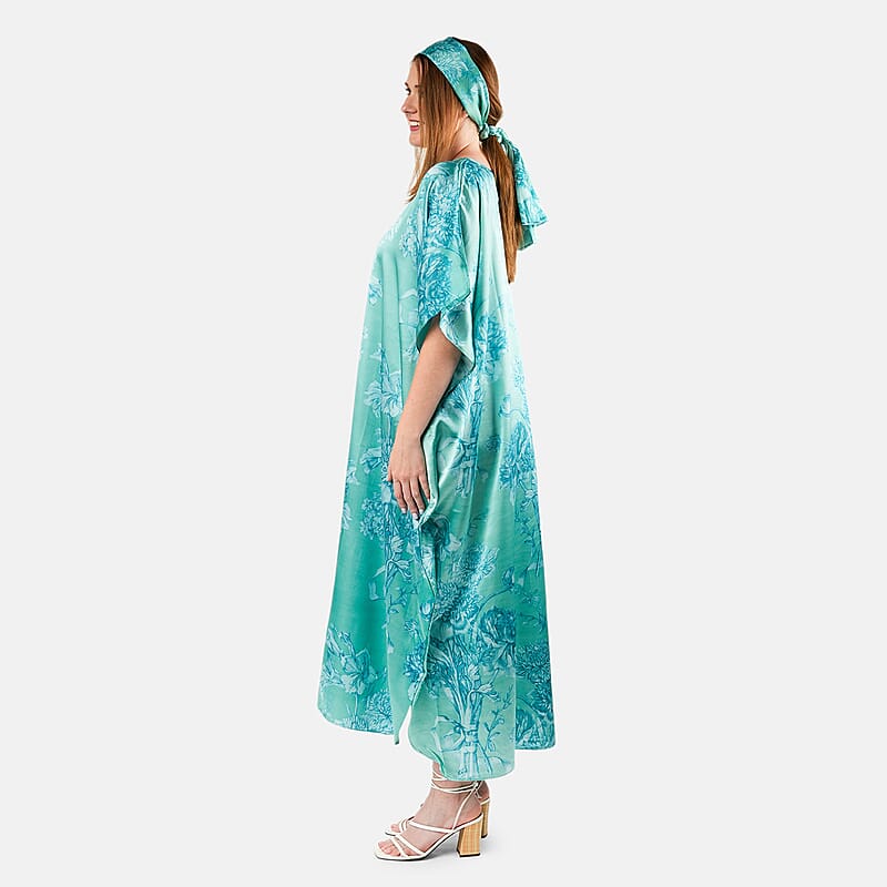 Winlar Mint Floral Long Satin Kaftan - One Size Fits Most