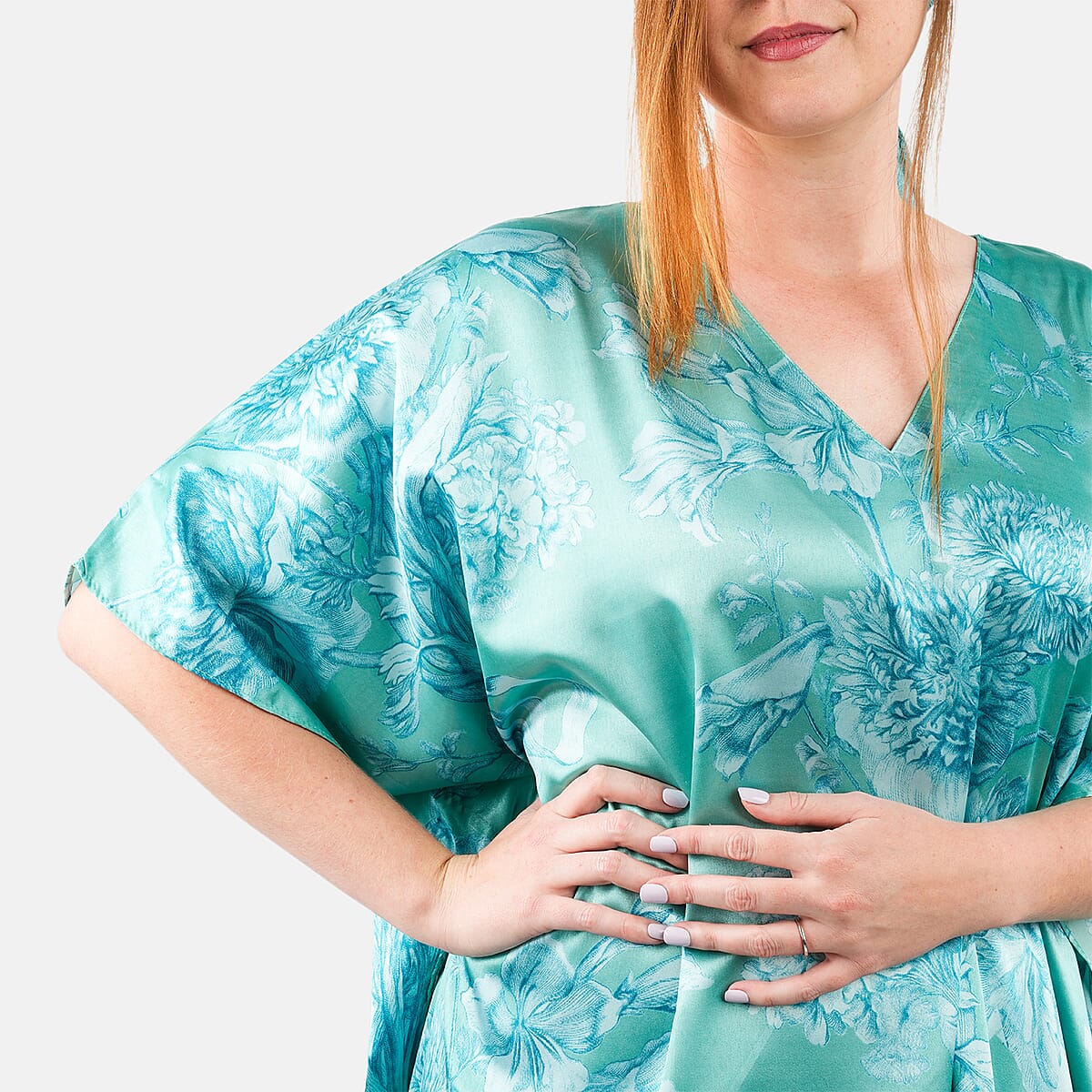 Winlar Mint Floral Long Satin Kaftan - One Size Fits Most image number 3