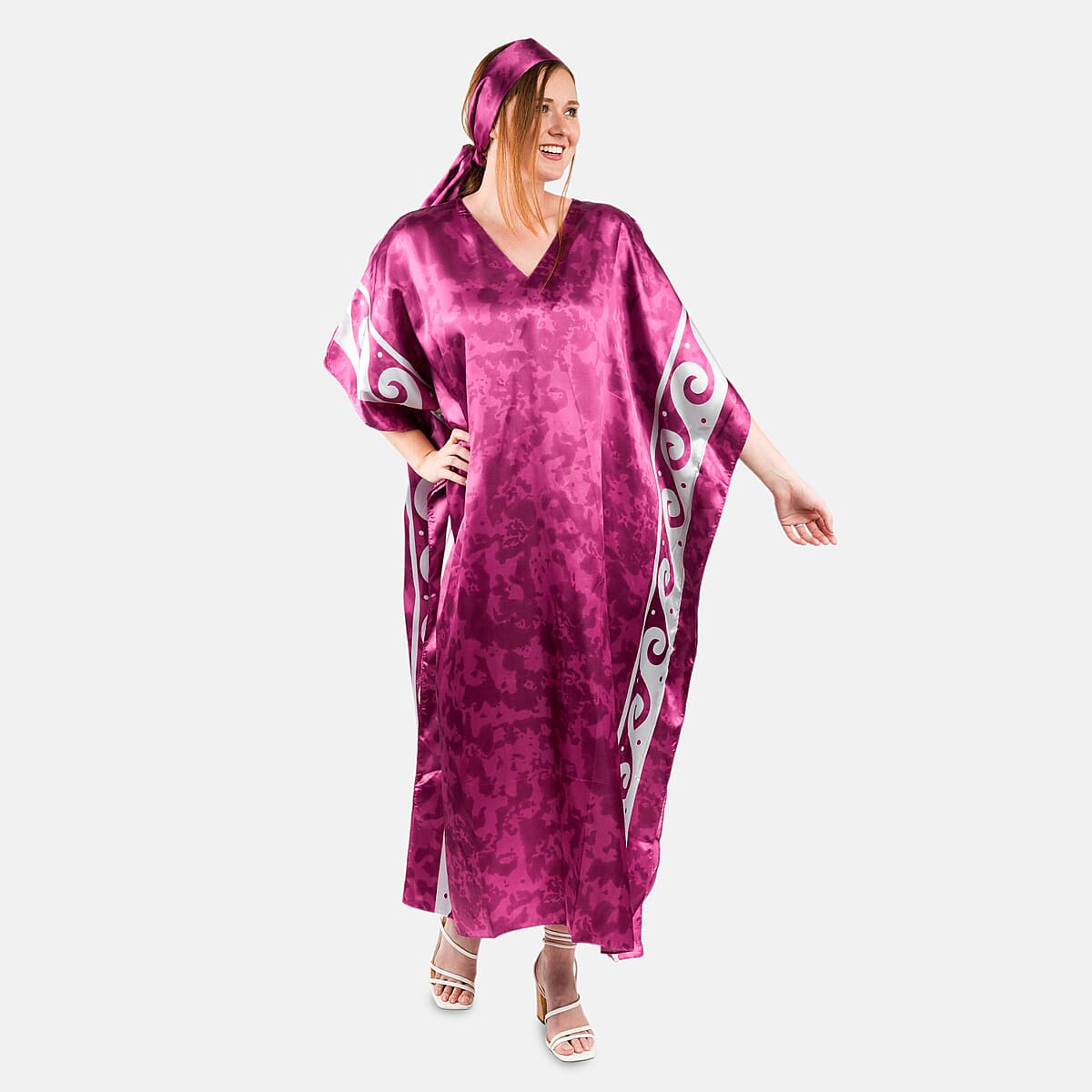Winlar Fuchsia Tribal Long Satin Kaftan - One Size Fits Most image number 0