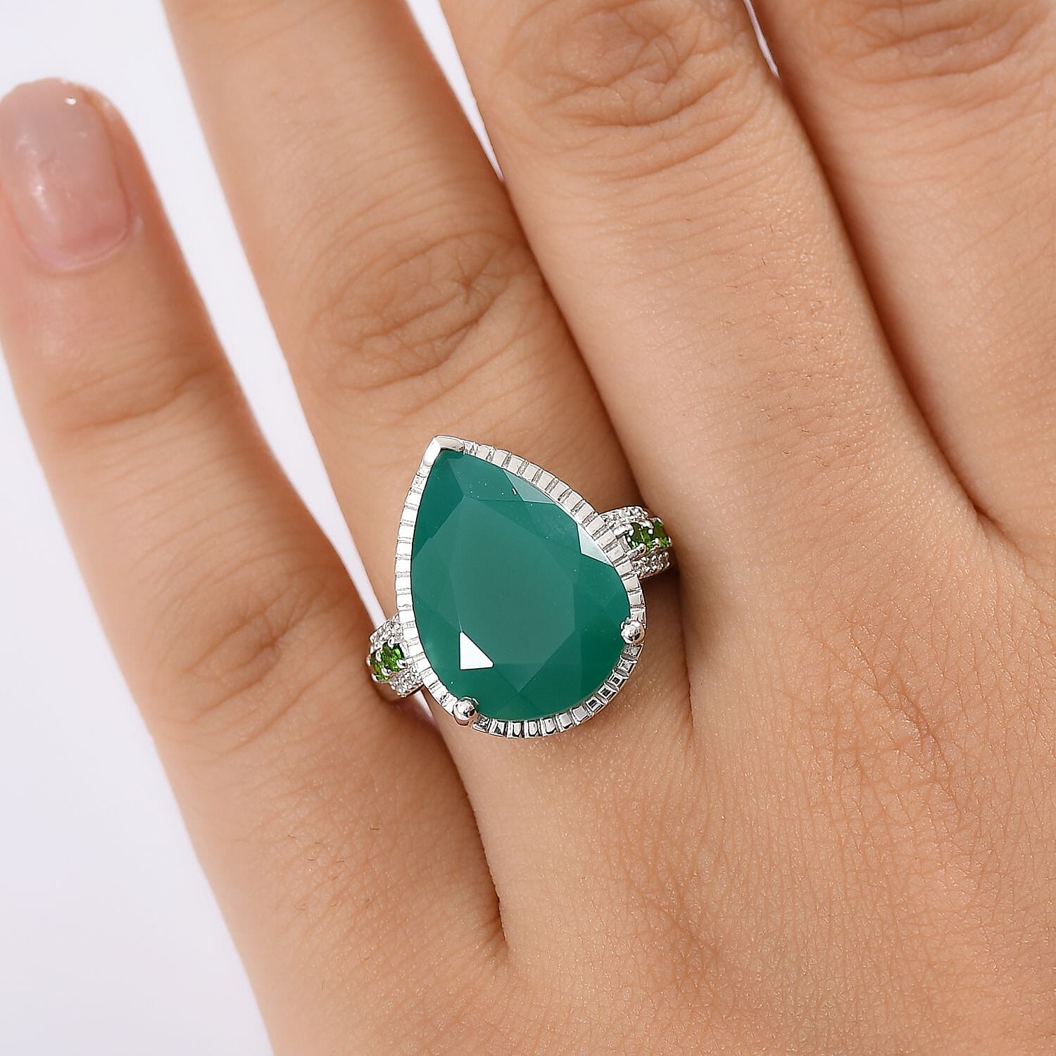 D'Joy Verde Onyx, Multi Gemstone Dewdrop Ring in Platinum Over Sterling Silver (Size 10.0) 9.85 ctw