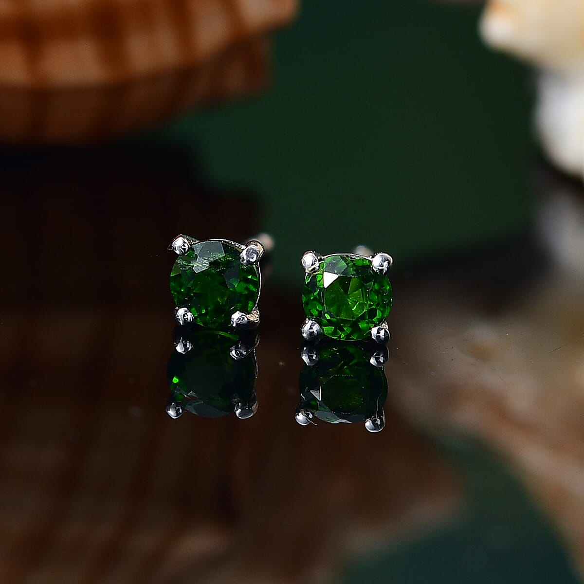 D'Joy Chrome Diopside 0.50 ctw Solitaire Stud Earrings in Platinum Over Sterling Silver image number 1