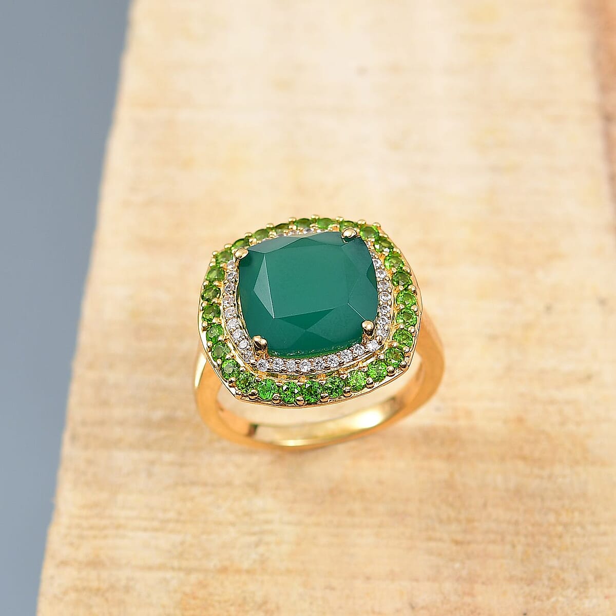 Karis Verde Onyx and Multi Gemstone 5.90 ctw Halo Ring in 18K YG Plated (Size 9.0)  image number 1