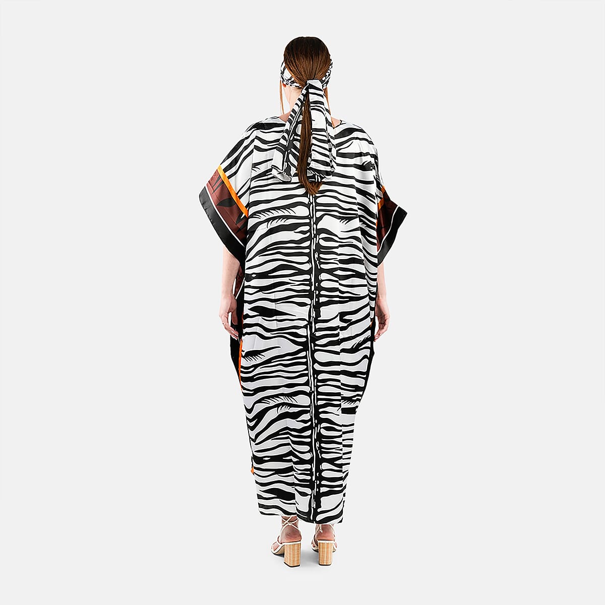 Winlar White Zebra Long Satin Kaftan - One Size Fits Most image number 1