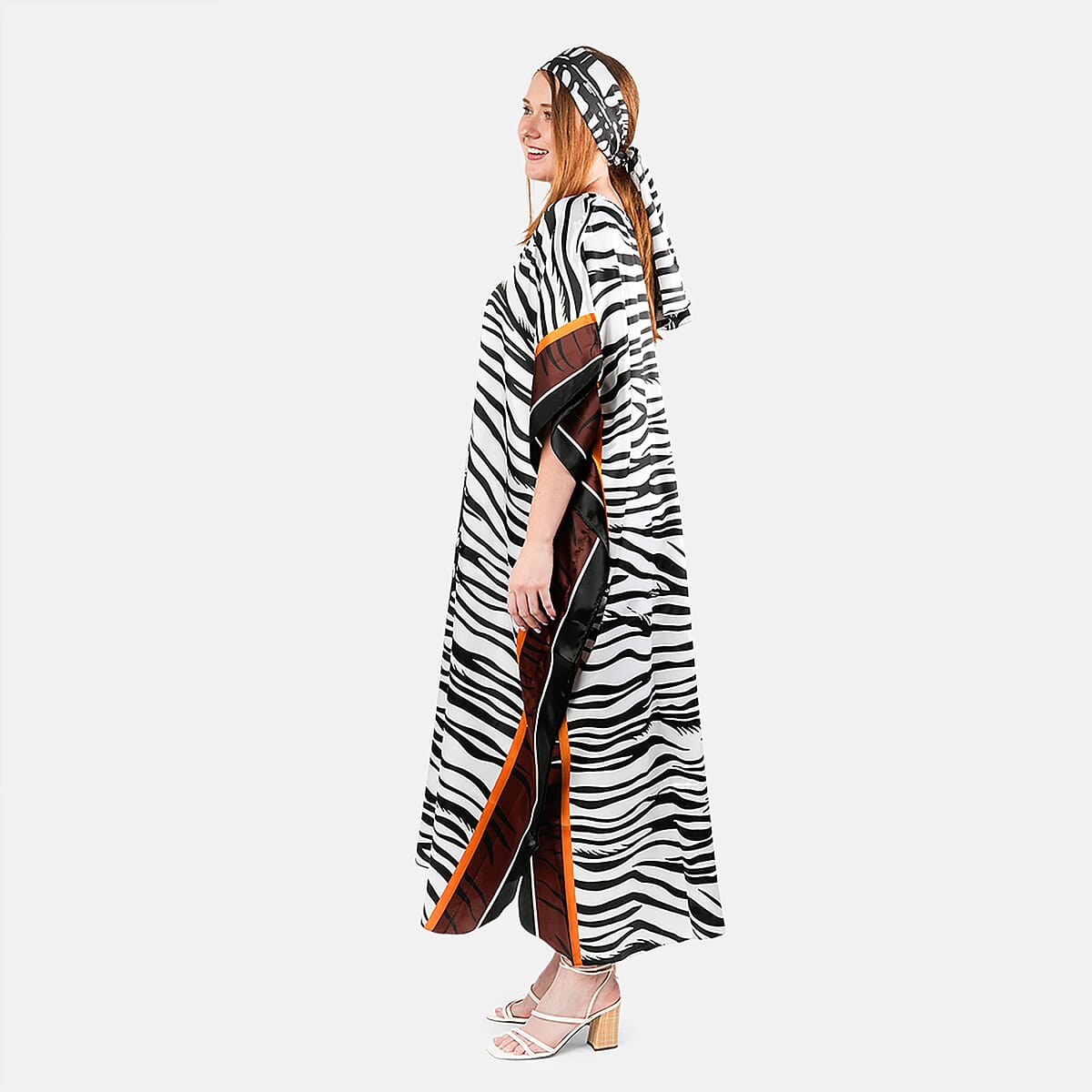 Winlar White Zebra Long Satin Kaftan - One Size Fits Most image number 2