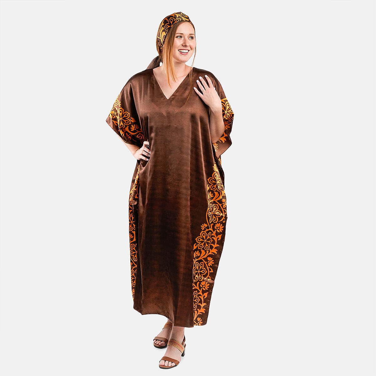 Winlar Brown Baroque Long Satin Kaftan - One Size Fits Most image number 0