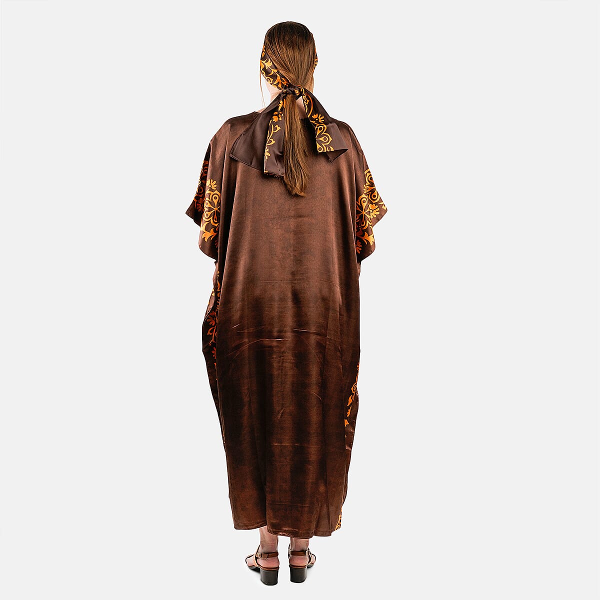 Winlar Brown Baroque Long Satin Kaftan - One Size Fits Most image number 1
