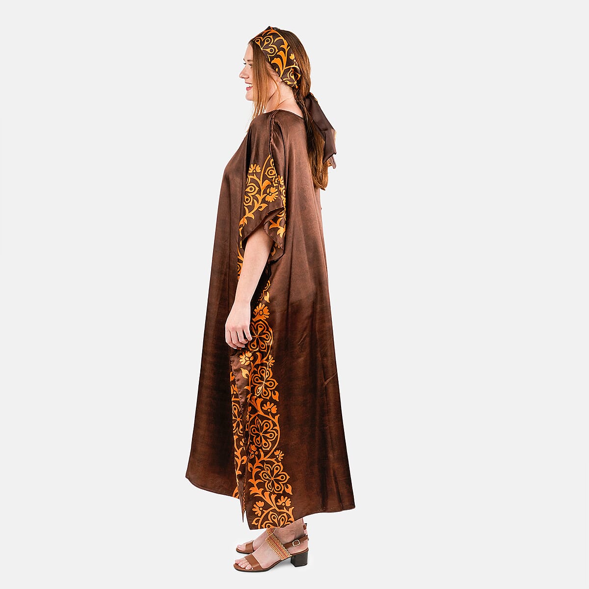 Winlar Brown Baroque Long Satin Kaftan - One Size Fits Most image number 2