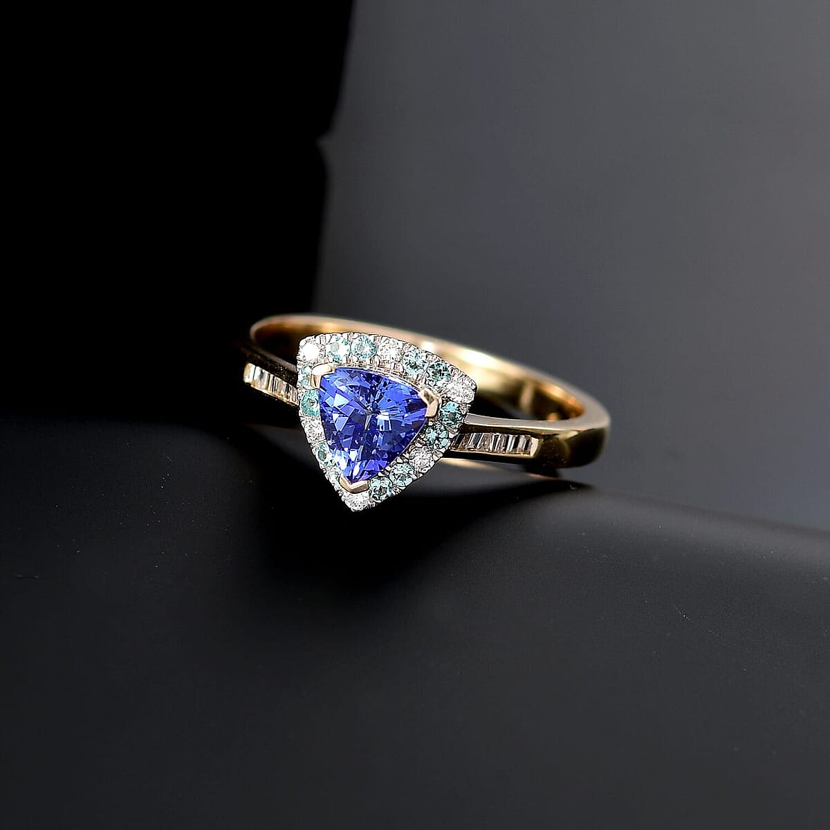 Certified & Appraised Luxoro 10K Yellow Gold AAA Tanzanite, AAAA Paraiba Tourmaline and Diamond (E-F, I2) (0.19 cts) Ring (Size 11.0) 1.10 ctw image number 1