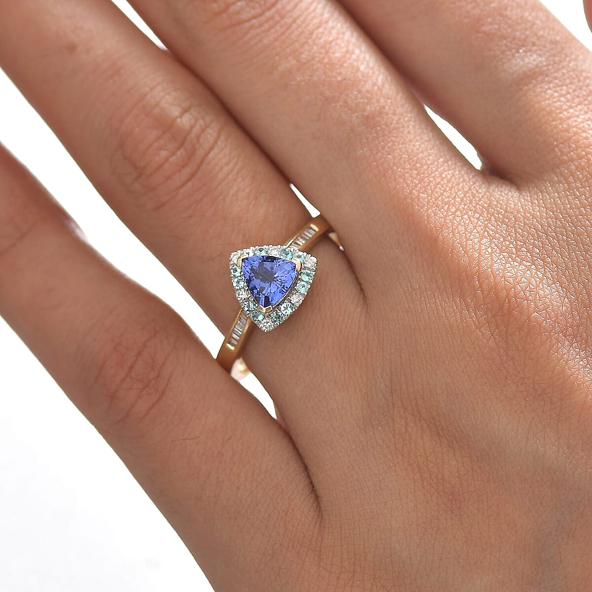 Certified & Appraised Luxoro 10K Yellow Gold AAA Tanzanite, AAAA Paraiba Tourmaline and Diamond (E-F, I2) (0.19 cts) Ring (Size 11.0) 1.10 ctw image number 2
