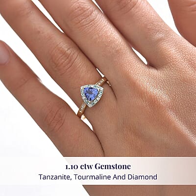 Certified & Appraised Luxoro AAA Tanzanite, AAAA Paraiba Tourmaline and E-F I2 Diamond 1.10 ctw Ring in 10K Yellow Gold (Size 10.0)