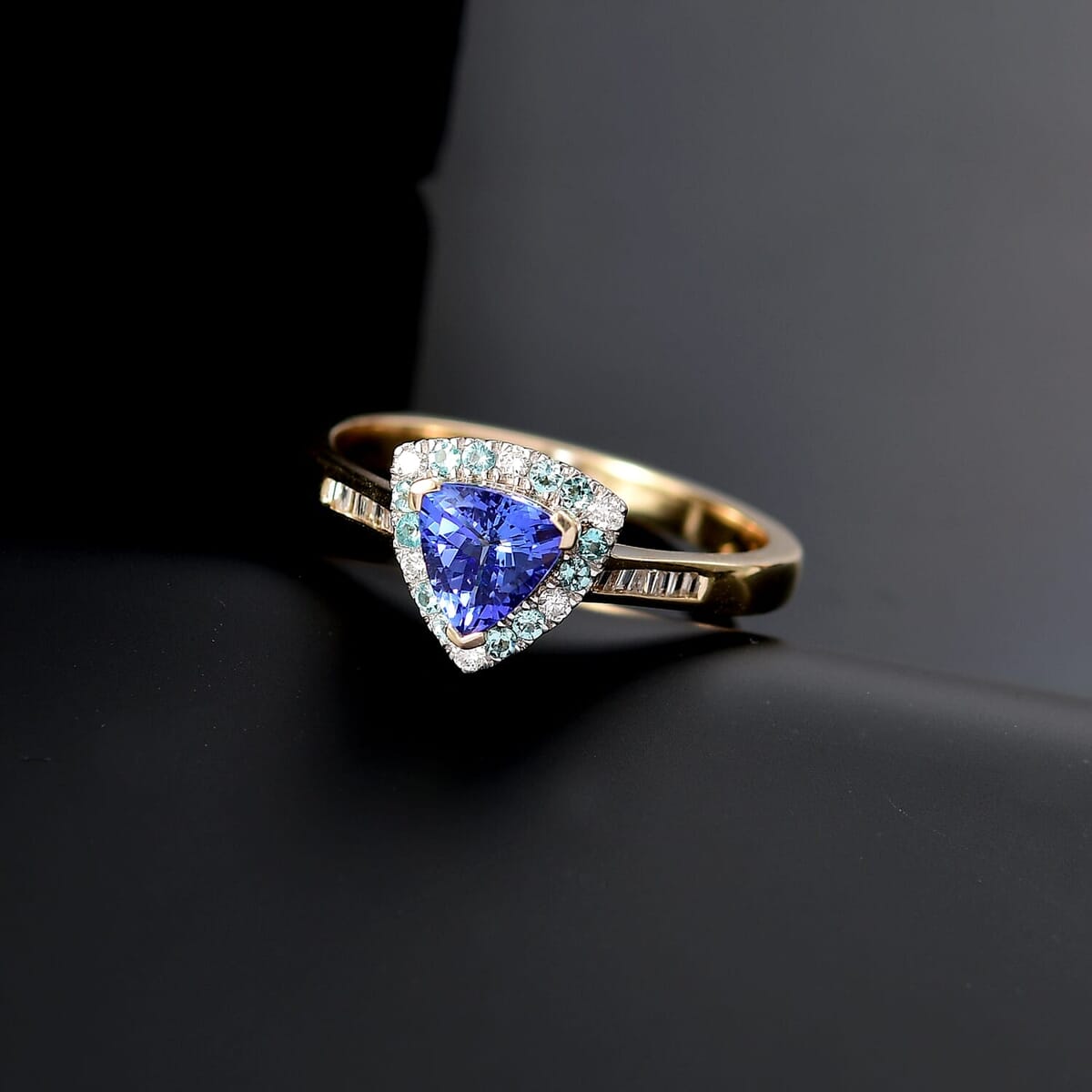 Certified & Appraised Luxoro 10K Yellow Gold AAA Tanzanite, AAAA Paraiba Tourmaline and Diamond (E-F, I2) (0.19 cts) Ring (Size 6.5) 1.10 ctw image number 1