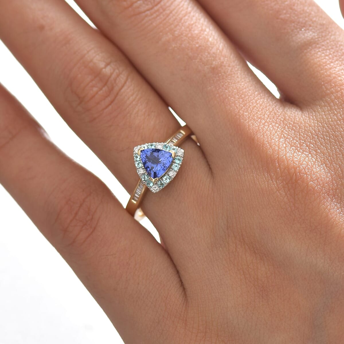 Certified & Appraised Luxoro 10K Yellow Gold AAA Tanzanite, AAAA Paraiba Tourmaline and Diamond (E-F, I2) (0.19 cts) Ring (Size 6.5) 1.10 ctw image number 2