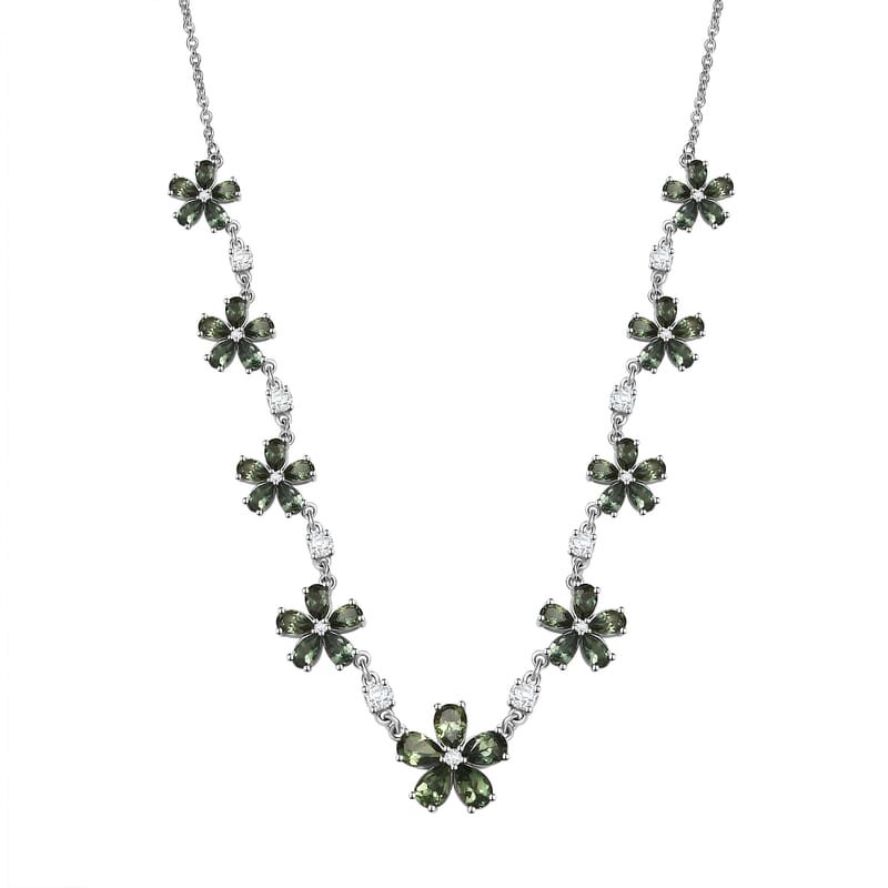 D'Joy Premium Malagasy Pine Apatite and White Zircon 11.35 ctw Floral Canopy Necklace in Rhodium Over Sterling Silver 18 Inches