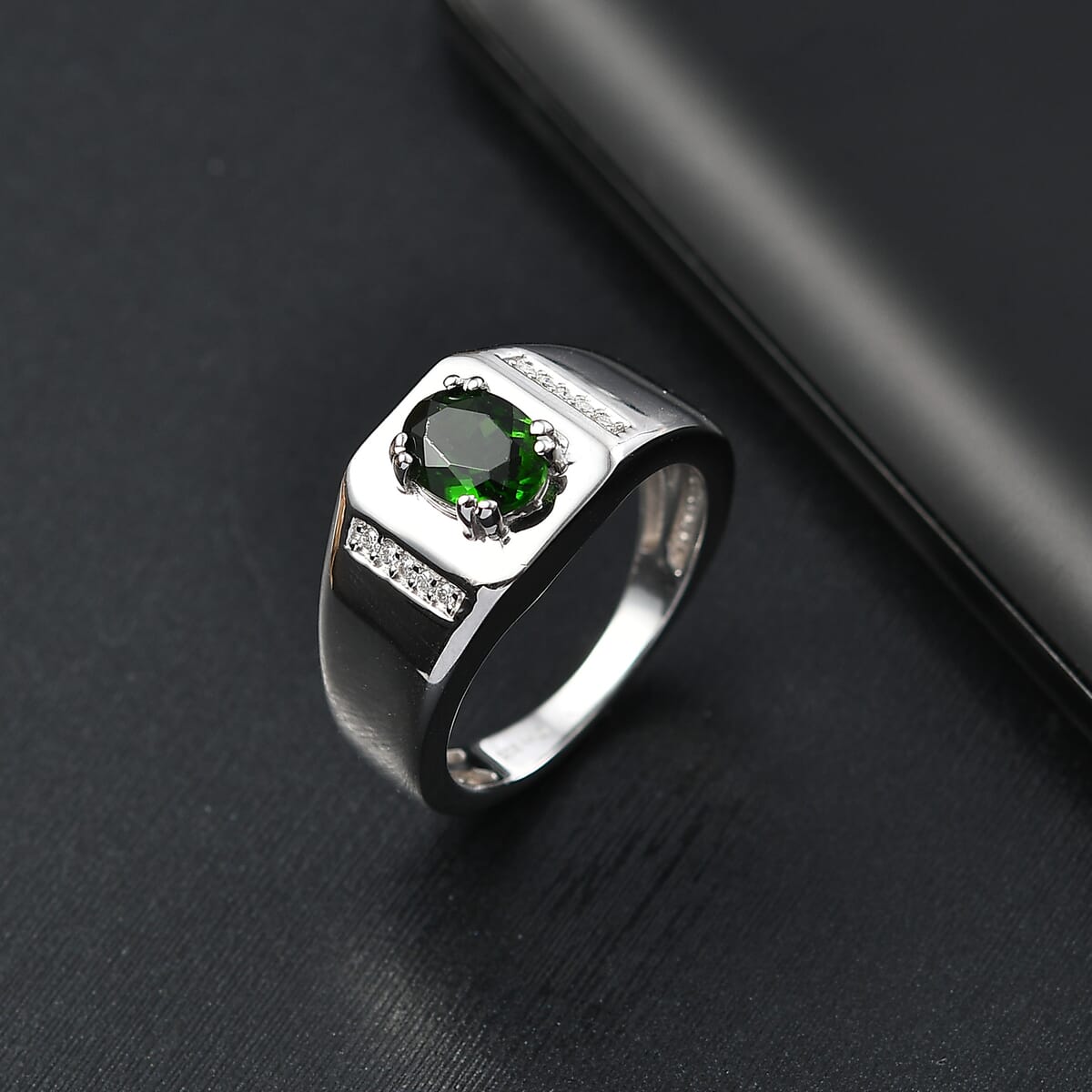 D'Joy Chrome Diopside and Moissanite 1.30 ctw Mens Ring in Rhodium Over Sterling Silver (Size 10.0) image number 1