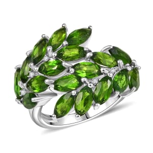 D'Joy Chrome Diopside and White Zircon 5.15 ctw Lush Leaves Ring in Rhodium Over Sterling Silver (Size 10.0)