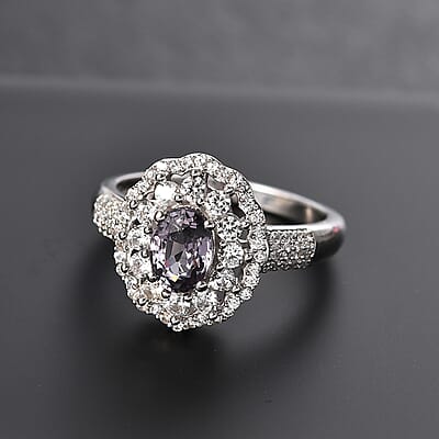 D'Joy Royal Lavender Spinel and White Zircon 2.00 ctw Floral Ring in Rhodium Over Sterling Silver (Size 10.0)