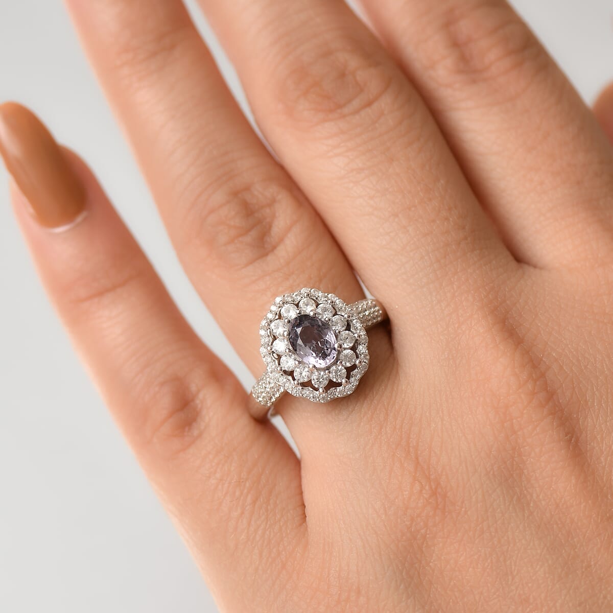 D'Joy Royal Lavender Spinel and White Zircon 2.00 ctw Floral Ring in Rhodium Over Sterling Silver (Size 10.0) image number 2