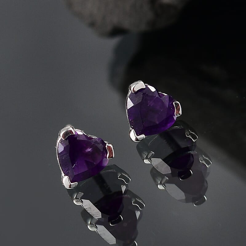 D'Joy African Amethyst 0.85 ctw Heart Stud Earrings in Rhodium Over Sterling Silver 