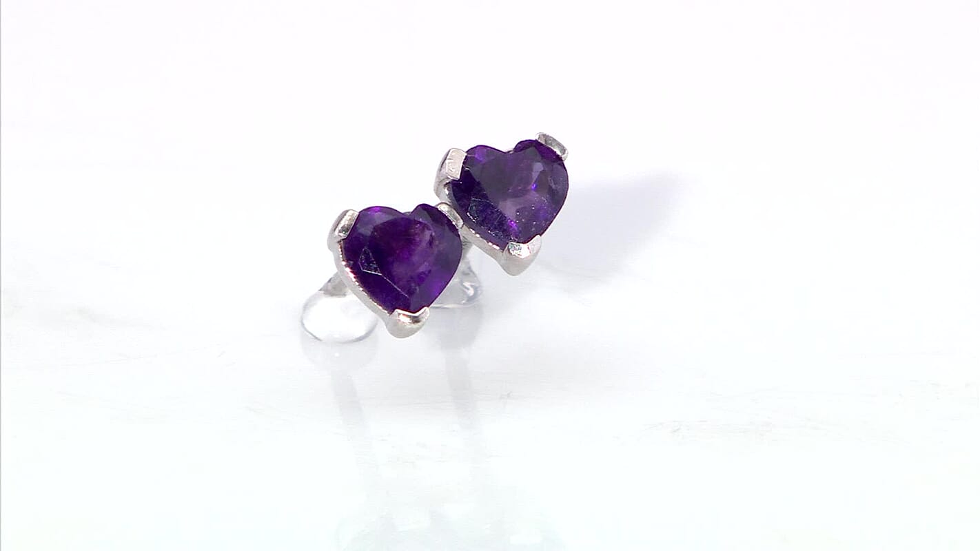 D'Joy African Amethyst 0.85 ctw Heart Stud Earrings in Rhodium Over Sterling Silver