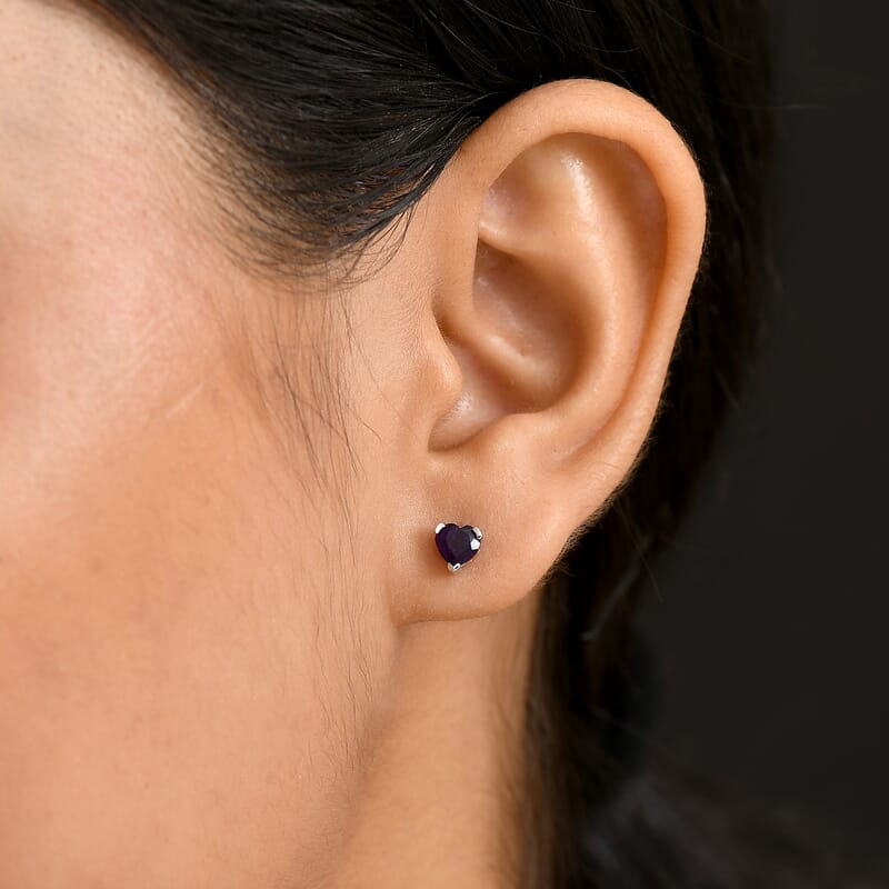 D'Joy African Amethyst 0.85 ctw Heart Stud Earrings in Rhodium Over Sterling Silver 