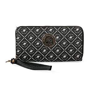 Beverly Hills Polo Club Black Logo Pattern Vegan Leather Wristlet Wallet