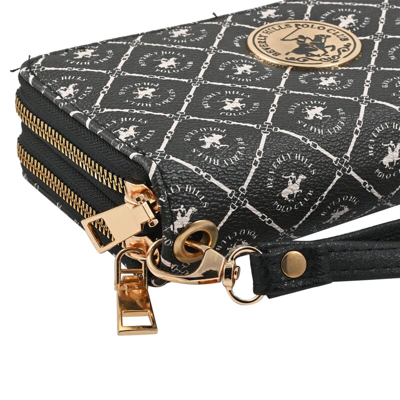 Beverly Hills Polo Club Black Logo Pattern Vegan Leather Wristlet Wallet