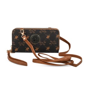 Beverly Hills Polo Club Brown Logo Pattern Vegan Leather Wristlet Wallet or Crossbody Bag