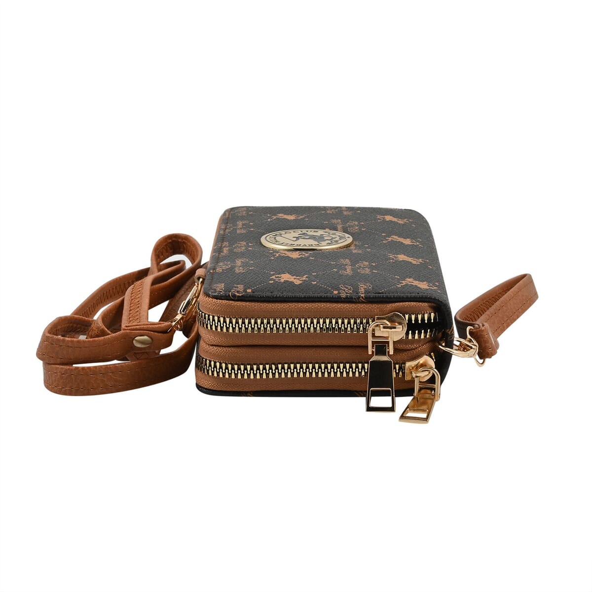 Beverly Hills Polo Club Brown Logo Pattern Vegan Leather Wristlet Wallet or Crossbody Bag image number 1