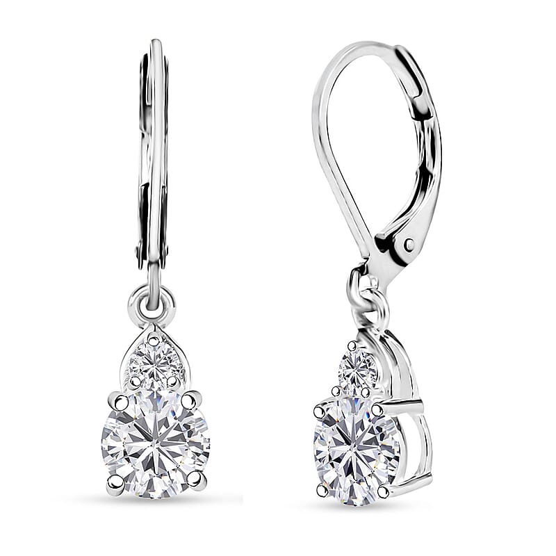 D'Joy Lab Created White Sapphire 2.30 ctw Lever Back Earrings in Sterling Silver and Stainless Steel