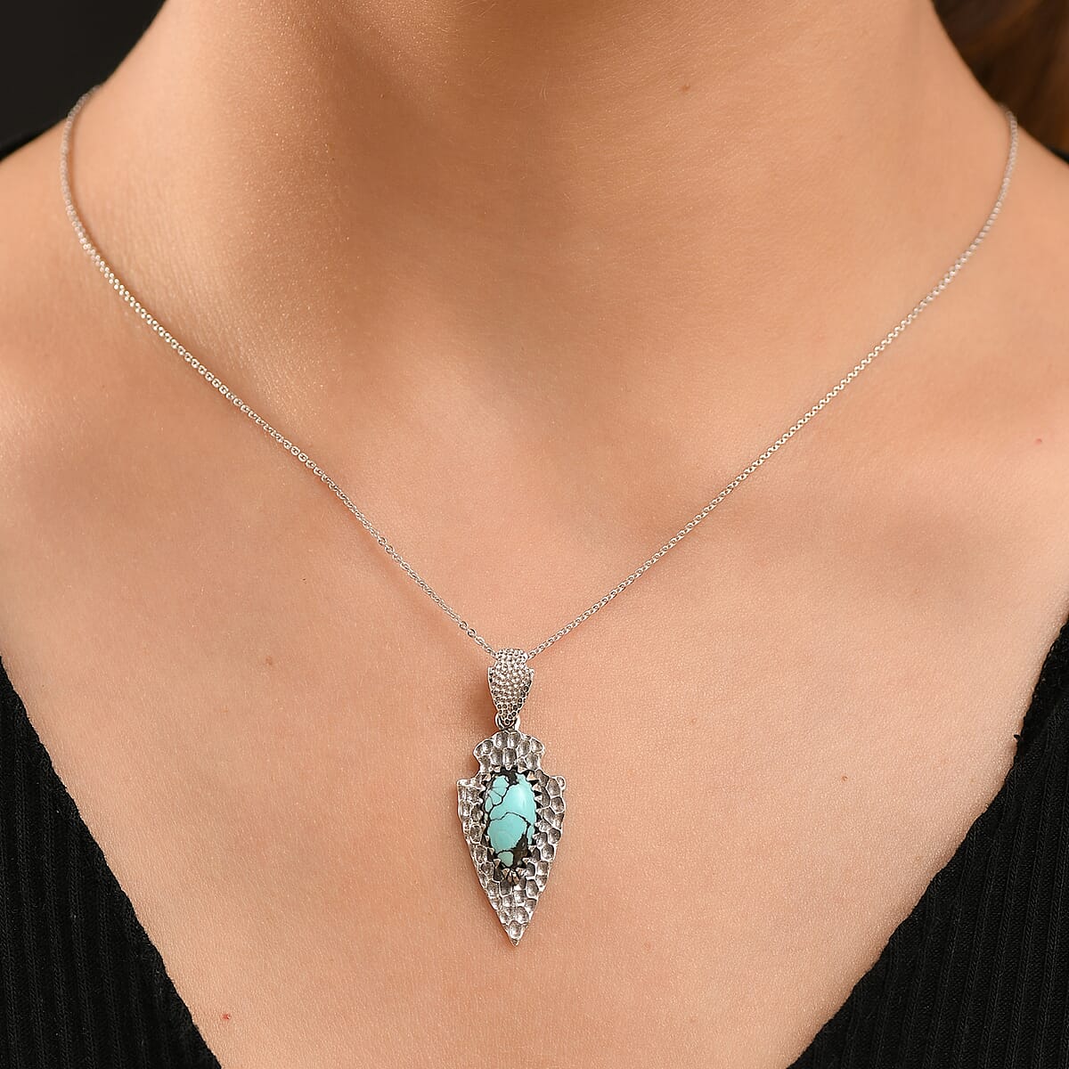 D'Joy Artisan Crafted Blue Moon Turquoise 2.90 ctw Arrowhead Pendant without Chain in Black Oxidized Sterling Silver image number 2