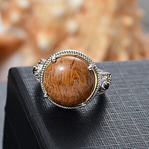 Script Stone and Brazilian Smoky Quartz 10.40 ctw Solitaire Ring in 14K YG and Platinum Over Copper (Size 9.0)