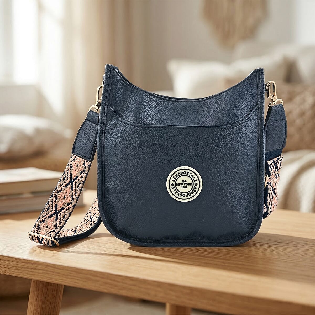 Aeropostale Navy Faux Leather Crossbody Bag with Beige Adjustable Shoulder Strap image number 1