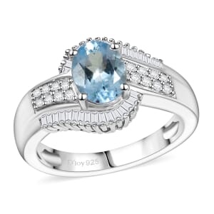 D'Joy Premium Santa Maria Aquamarine and Diamond 1.35 ctw Ring in Rhodium Over Sterling Silver (Size 10.0)
