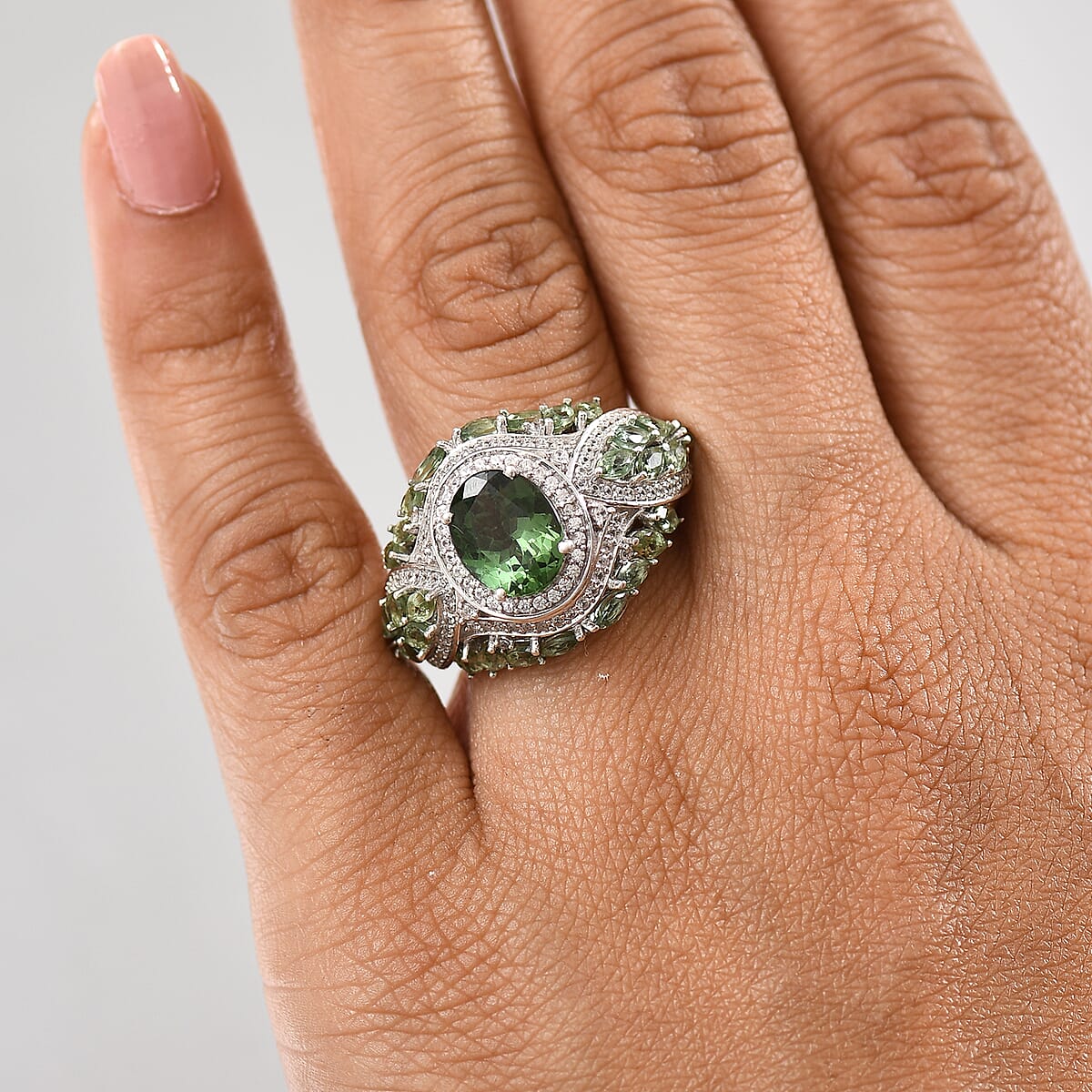 D'Joy Premium Malagasy Pine Apatite and White Zircon 6.50 ctw Art Deco Ring in Rhodium Over Sterling Silver (Size 10.0) image number 2