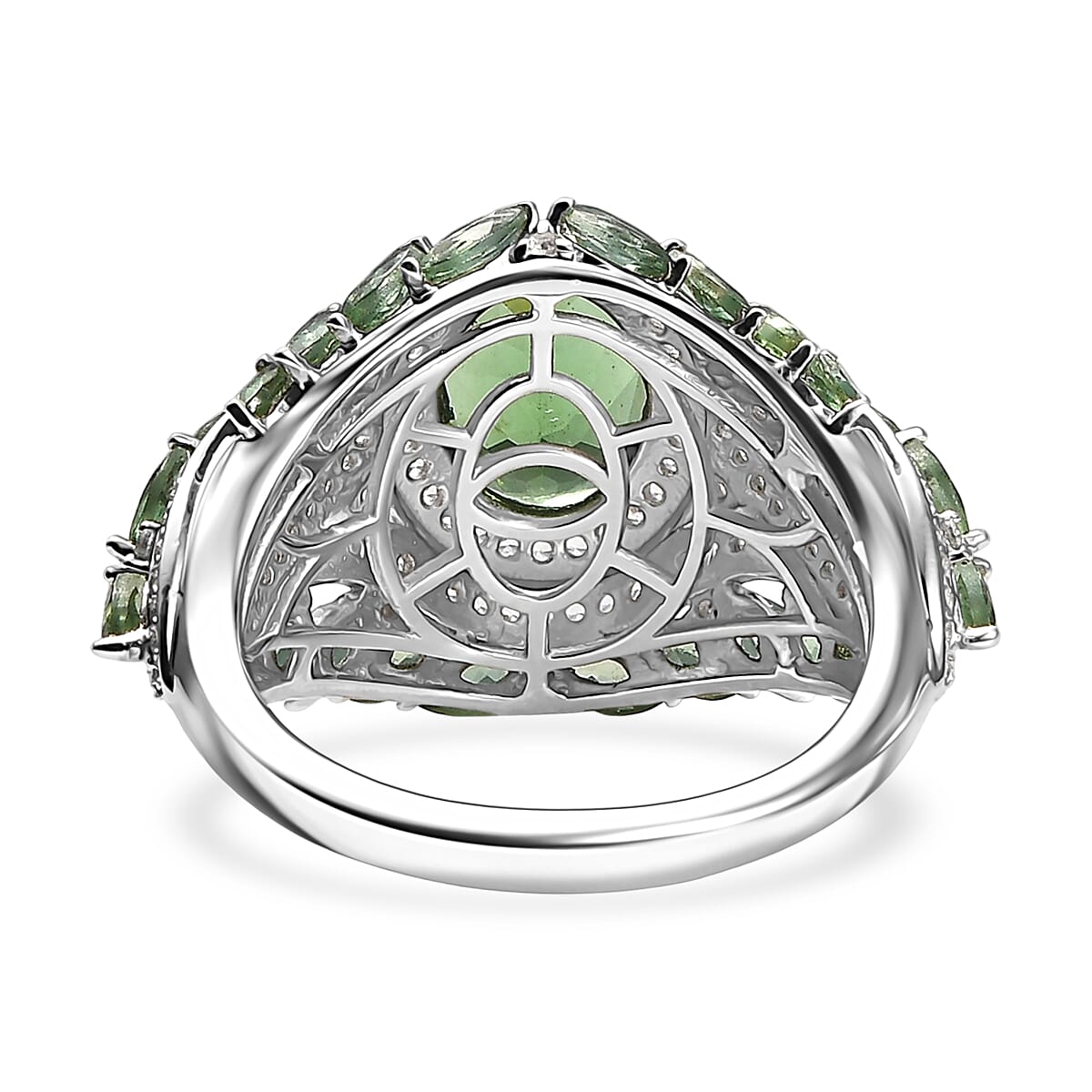 D'Joy Malagasy Pine Apatite, White Zircon Leaf Ring in Rhodium Over Sterling Silver 6.50 ctw (Size 10.0)