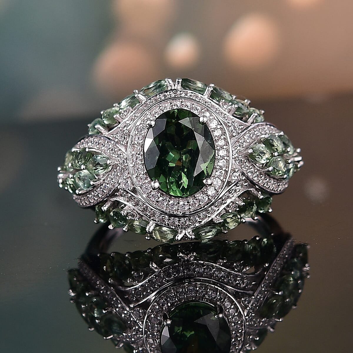 D'Joy Premium Malagasy Pine Apatite and White Zircon 6.50 ctw Art Deco Ring in Rhodium Over Sterling Silver (Size 8.0) image number 1