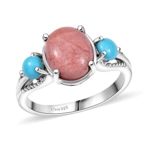 D'Joy Oregon Peach Opal and Sleeping Beauty Turquoise 2.30 ctw Ring in Rhodium Over Sterling Silver (Size 10.0)