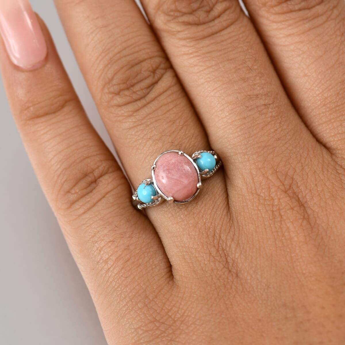 D'Joy Oregon Peach Opal and Sleeping Beauty Turquoise 2.30 ctw Ring in Rhodium Over Sterling Silver (Size 10.0) image number 2