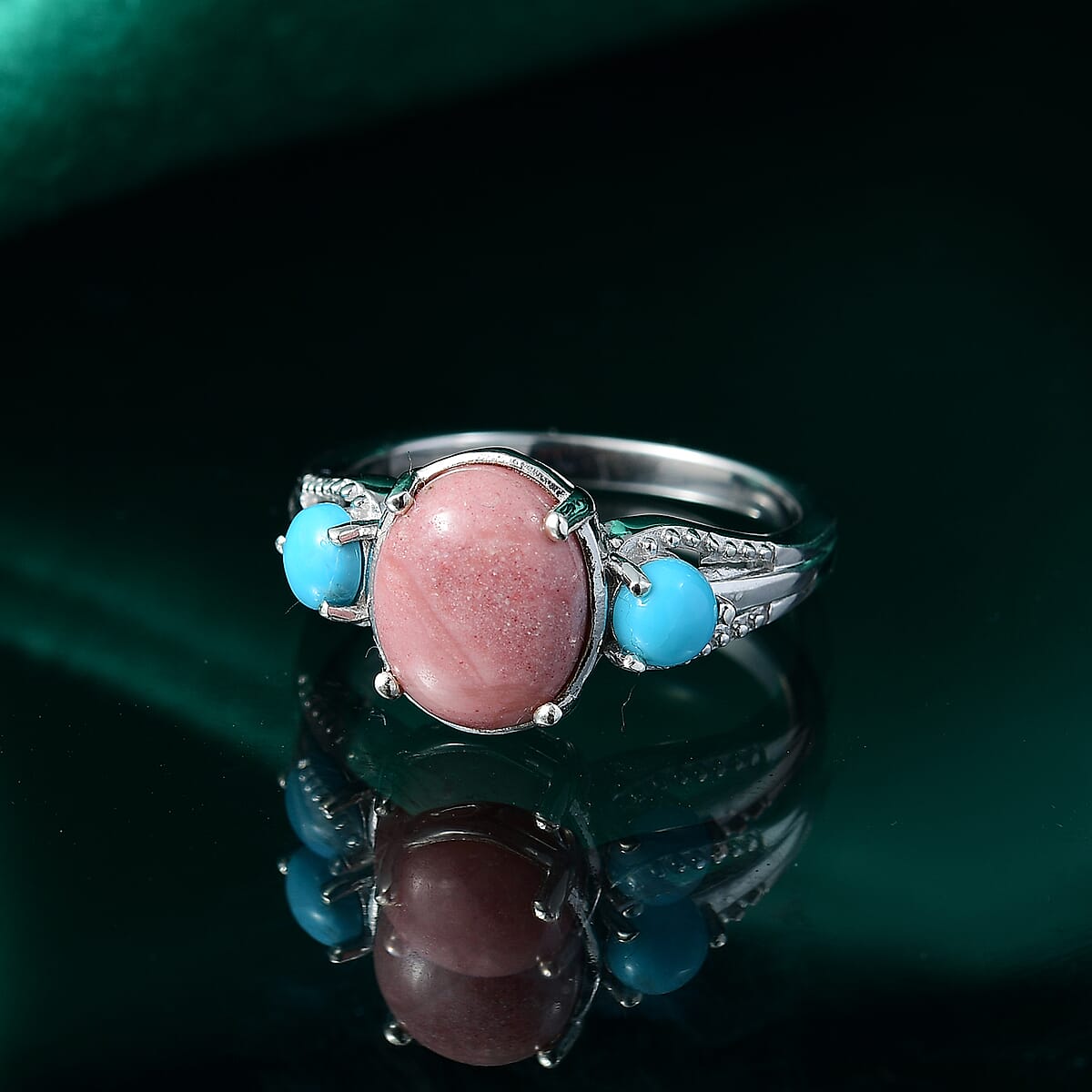 D'Joy Oregon Peach Opal and Sleeping Beauty Turquoise 2.30 ctw Ring in Rhodium Over Sterling Silver (Size 8.0) image number 1
