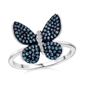 Venice Blue Diamond I1-I2 and White Diamond 0.50 ctw Butterfly Ring in Rhodium Over Sterling Silver (Size 10.0)
