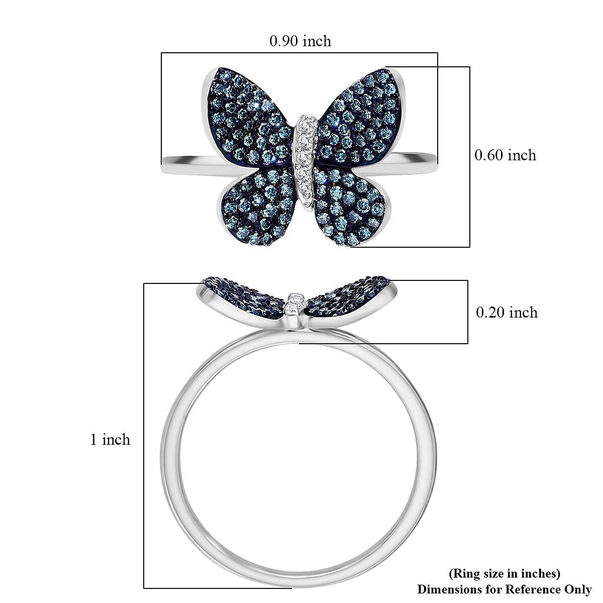 Venice Blue Diamond I1-I2 and White Diamond 0.50 ctw Butterfly Ring in Rhodium Over Sterling Silver (Size 6.0) image number 4