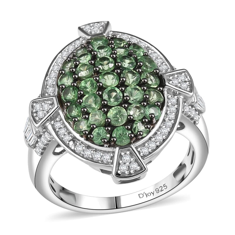 D'Joy Premium Tsavorite Garnet and White Zircon 2.40 ctw Art Deco Ring in Rhodium Over Sterling Silver (Size 10.0)