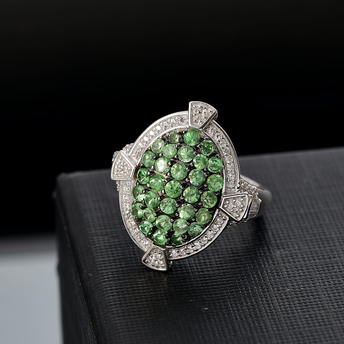 D'Joy Premium Tsavorite Garnet and White Zircon 2.40 ctw Art Deco Ring in Rhodium Over Sterling Silver (Size 10.0) image number 1