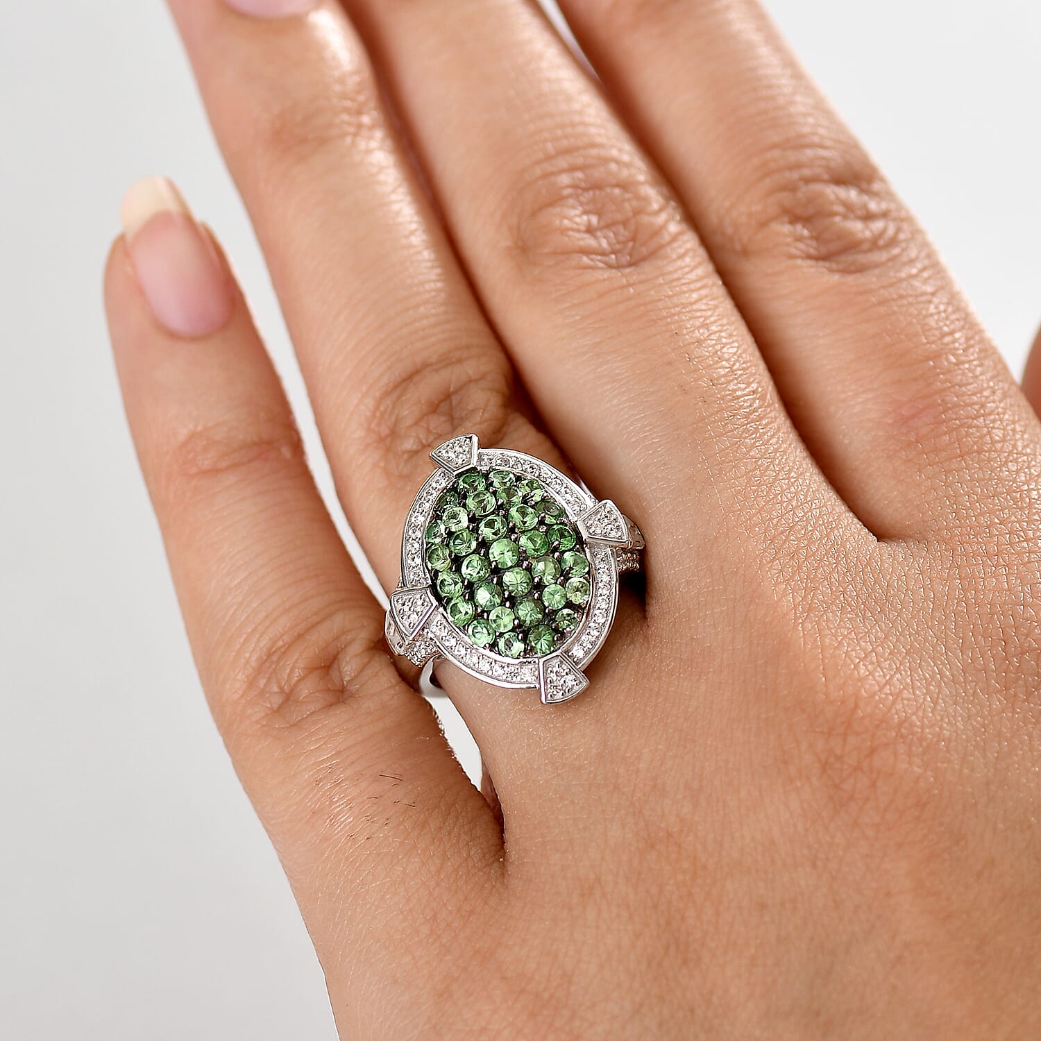 D'Joy Premium Tsavorite Garnet and White Zircon 2.40 ctw Art Deco Ring in Rhodium Over Sterling Silver (Size 10.0)
