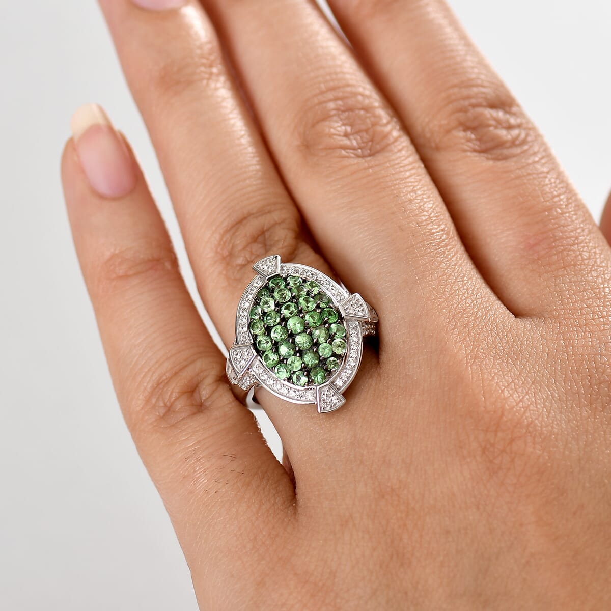 D'Joy Premium Tsavorite Garnet and White Zircon 2.40 ctw Art Deco Ring in Rhodium Over Sterling Silver (Size 10.0) image number 2
