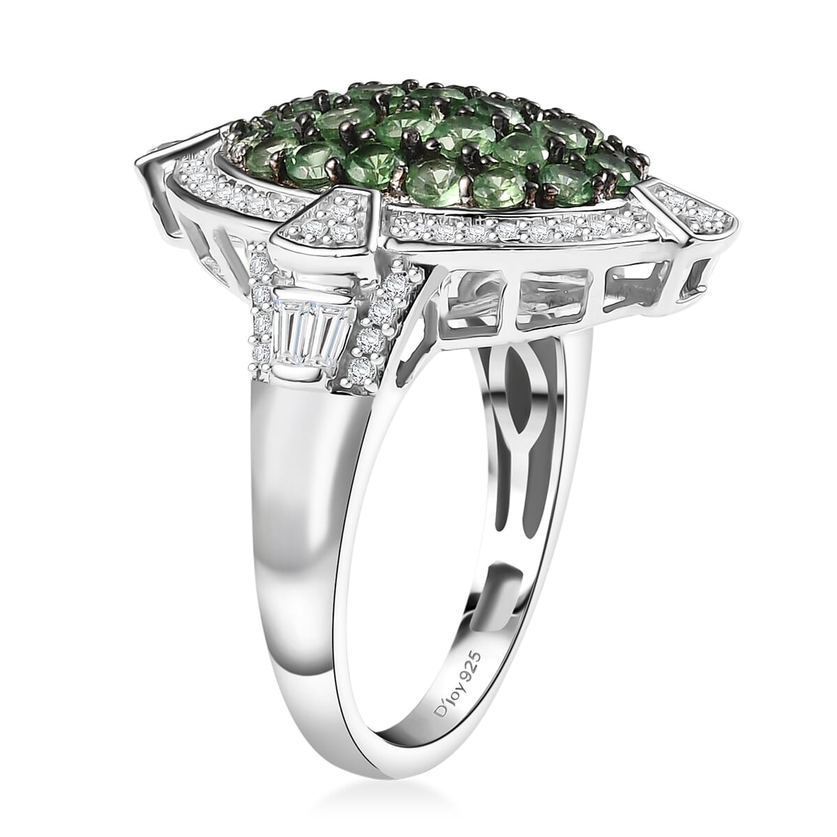 D'Joy Premium Tsavorite Garnet and White Zircon 2.40 ctw Art Deco Ring in Rhodium Over Sterling Silver (Size 10.0) image number 3